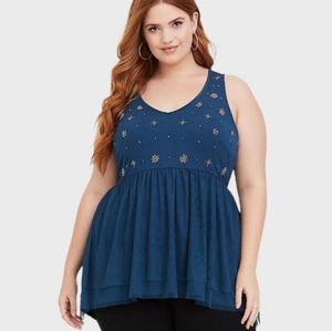 Torrid NWOT blue mesh, embellished, sleeveless babydoll top